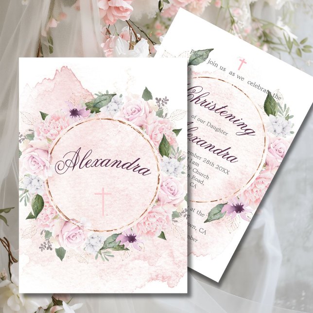 Christening Blommigt Rosa ros Wandan Inbjudningar (Skapare uppladdad)