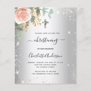 Christening blommigt silver gnistra-inbjudan flygblad