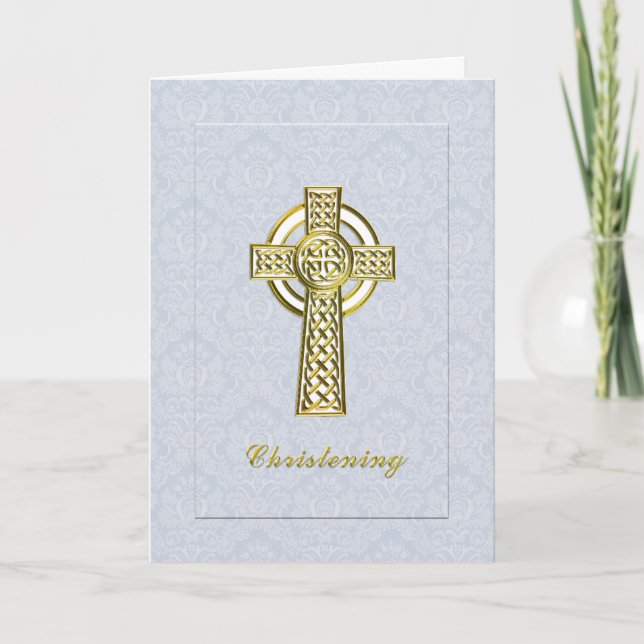 Christening Blue Damask med Guld Kor Inbjudan (Framsida)
