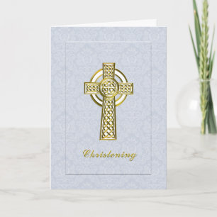 Christening Blue Damask med Guld Kor Inbjudan