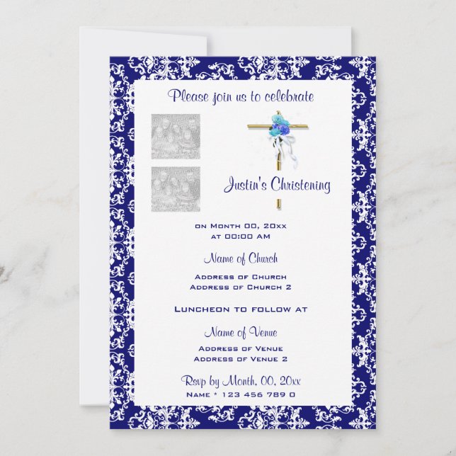 Christening Blue Damask Photo PERSONALIZE Inbjudningar (Framsida)
