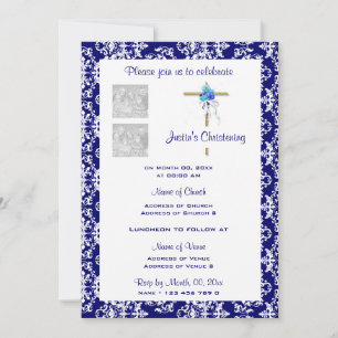 Christening Blue Damask Photo PERSONALIZE Inbjudningar