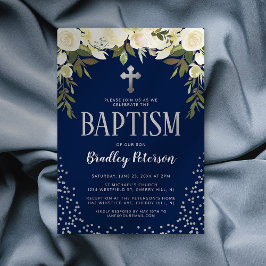 Christening Blue Silver Blommigt Boy Baptism Inbjudningar
