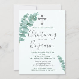 Christening Boy Eucalyptus Greenery Modern Inbjudningar