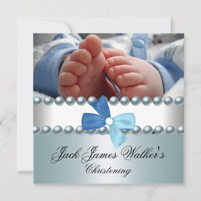 Christening Boy White Blue Pearl Bow Photo Inbjudningar (Framsida)