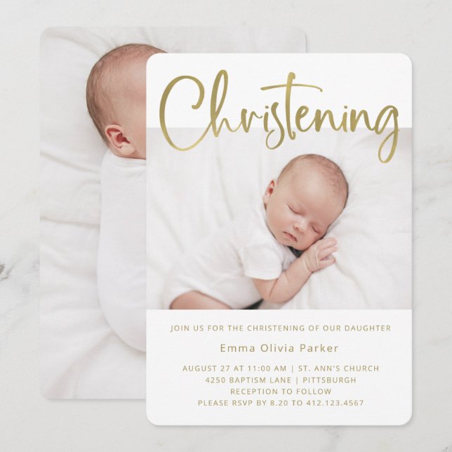 Christening | Enkel minimal Guld med två foton Inbjudningar (Fram/baksida)