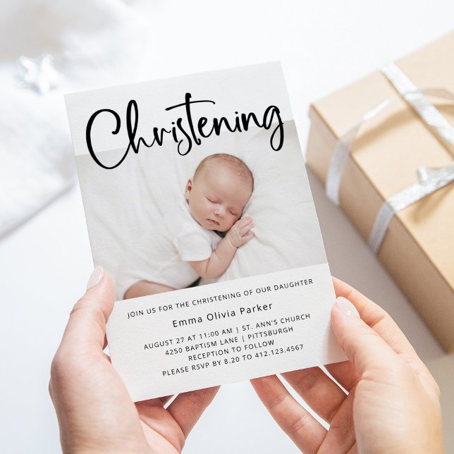 Christening | Enkelt minimal svart och vitt foto Inbjudningar (Skapare uppladdad)