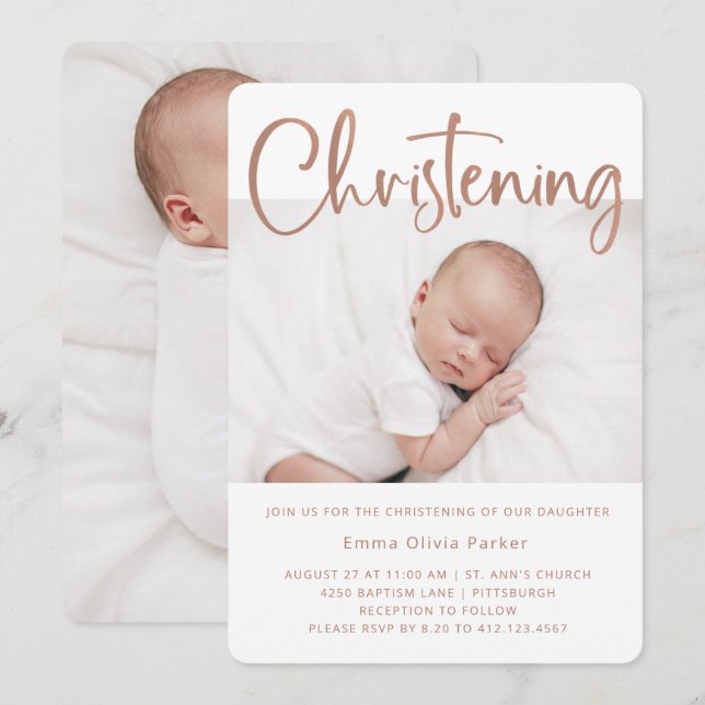 Christening | Enkelt minimalt Ro Guld två foton Inbjudningar (Fram/baksida)