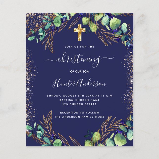 Christening eucalyptus greenery blue-inbjudan (Framsida)