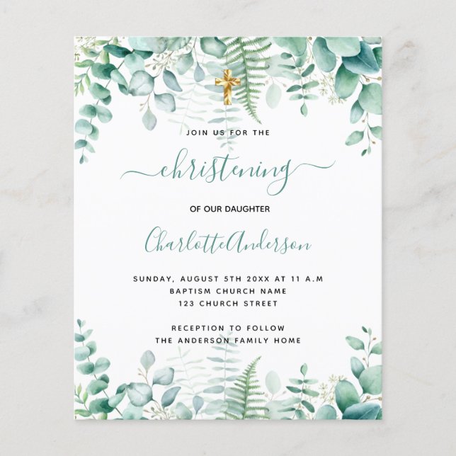 Christening eucalyptus greenery budget - inbjudan flygblad (Framsidan)