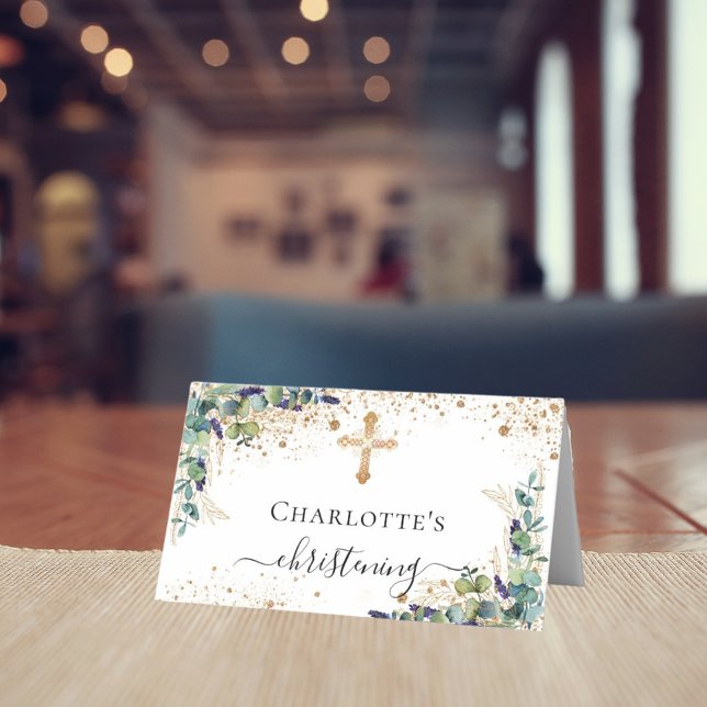 Christening eucalyptus guld glitter sparkles placeringskort (Skapare uppladdad)