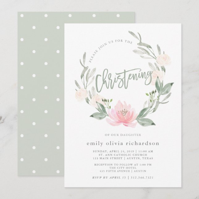 Christening för blommigt för vattenfärg för inbjudningar (Fram/baksida)