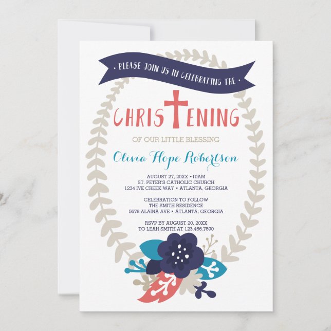 Christening-inbjudan, Blommigt, Contemporary Inbjudningar (Framsida)