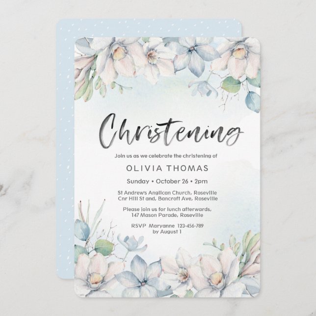 Christening-inbjudan | blommigtar för blå vinter inbjudningar (Fram/baksida)