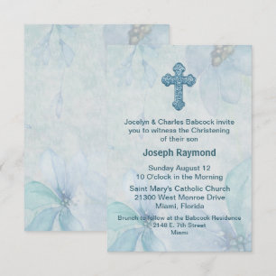 Christening-inbjudan för Blue Blommigt Kor Baby Inbjudningar