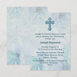 Christening-inbjudan för Blue Blommigt Kor Baby Inbjudningar