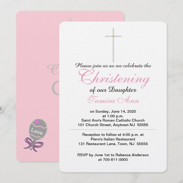 Christening Kor Dotter Rosa Baby Rattle Inbjudningar (Fram/baksida)