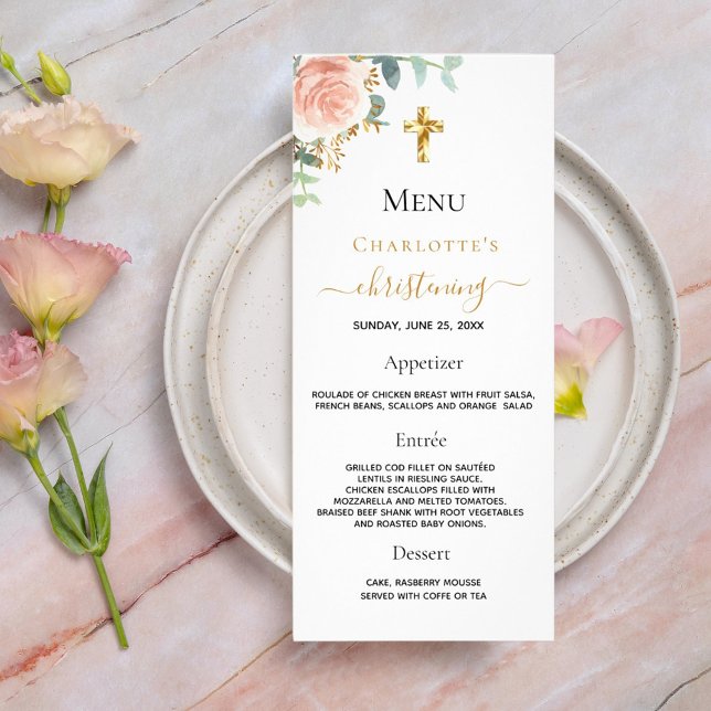 Christening Menu guld blommigt för  rosa i ro Reklamkort (Skapare uppladdad)