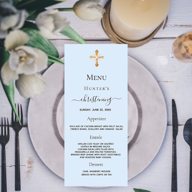 Christening Menu ljusblå pojke guld kor Reklamkort (Skapare uppladdad)