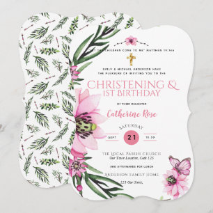 Christening och första födelsedag Girls Rosa Blomm Inbjudningar