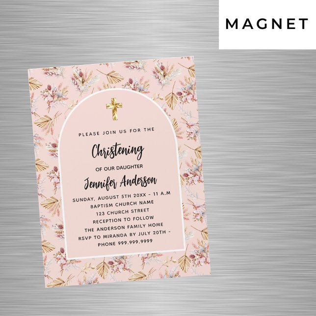 Christening Pampas blommigt ro guld rosa lyxury Magnetisk Inbjudningskort (Skapare uppladdad)