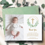 Christening Photo Kor Eucalyptus Tack Kort<br><div class="desc">Det här tackkortet har ditt barns foto på framsidan tillsammans med eukalyptus löv runt ett guld faux glitter kor och dina detaljer i chicens text på framsidan. Guld-punkter på gröntens vattenfärg visas på baksidan, perfekt för ditt barns dödande, baptism eller första gemensamma tackkort. Välj MATTE om du vill ha tjockast...</div>