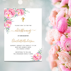 Christening rosa blommigt ro guld-flicklyx inbjudningar