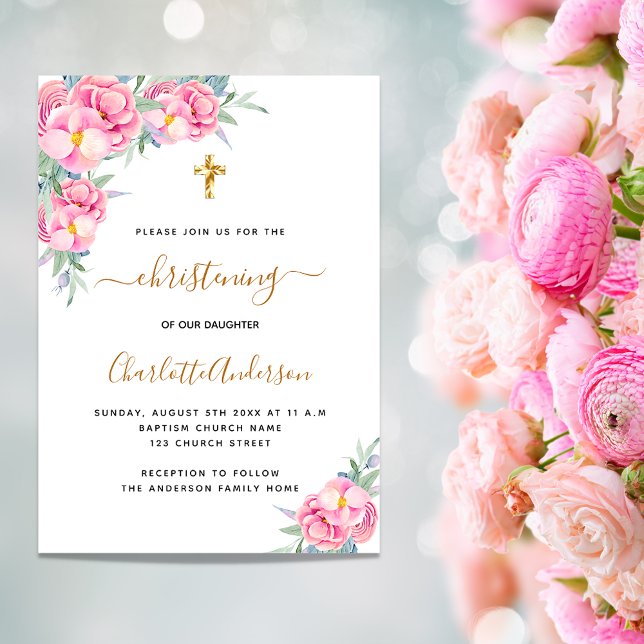 Christening rosa blommigt ro guld-flicklyx inbjudningar (Skapare uppladdad)