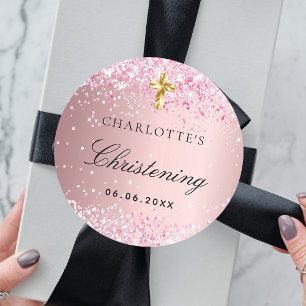 Christening rosa glitter sparkles Girl Runt Klistermärke