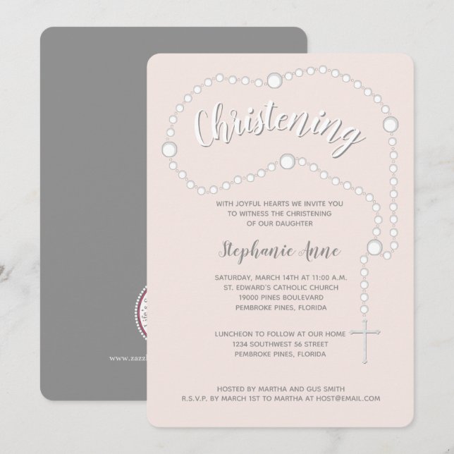 Christening Rosary på Rosa Inbjudningar (Fram/baksida)