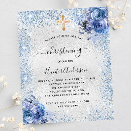 Christening silver blue blommigt budgetinbjudan
