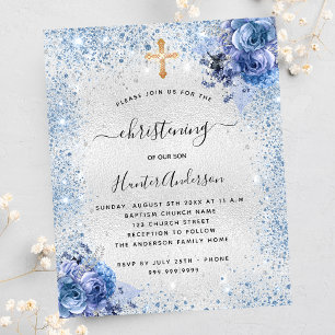 Christening silver blue blommigt budgetinbjudan flygblad
