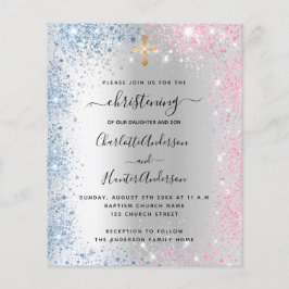 Christening silver blue rosa budgetinbjudan flygblad