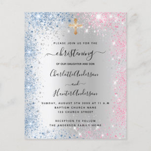 Christening silver blue rosa budgetinbjudan flygblad