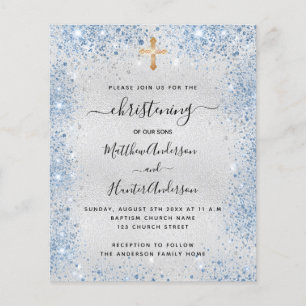Christening silver blue twin boys budgetinbjudan