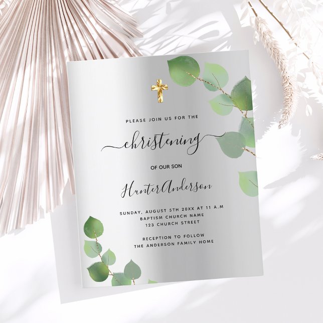 Christening silver eucalyptus budgetinbjudan flygblad (Skapare uppladdad)