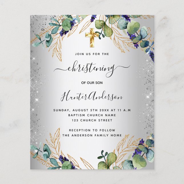 Christening silver eucalyptus grenery-inbjudan flygblad (Framsidan)