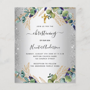 Christening silver eucalyptus grenery-inbjudan flygblad