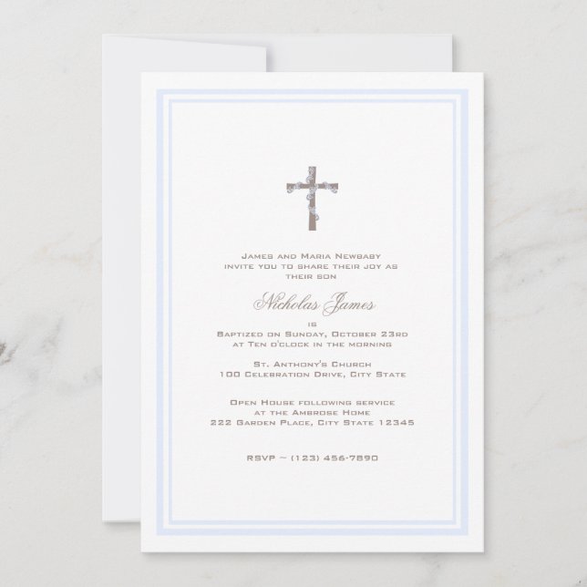 Christening Soft Blue och Brown Inbjudningar (Framsida)