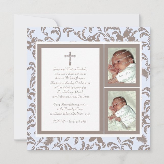 Christening Soft Blue och Brown Paisley Photo Inbjudningar (Framsida)