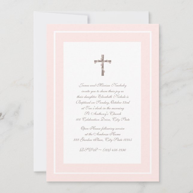 Christening Soft Rosa och Brown Inbjudningar (Framsida)