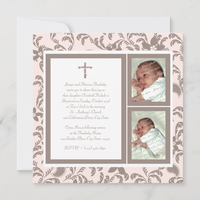 Christening Soft Rosa och Brown Paisley Photo Inbjudningar (Framsida)