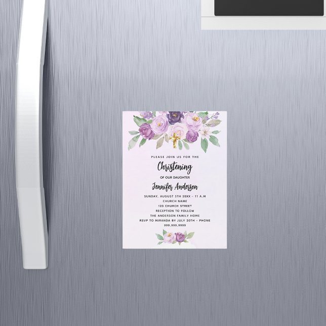 Christening violet blommor greenery kor lyxury magnetisk inbjudningskort (Skapare uppladdad)