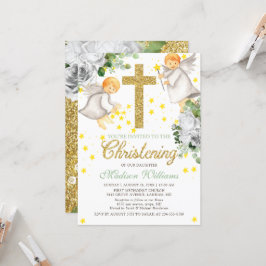 Christening Watercolor Änglar Guld Glitter Inbjudningar