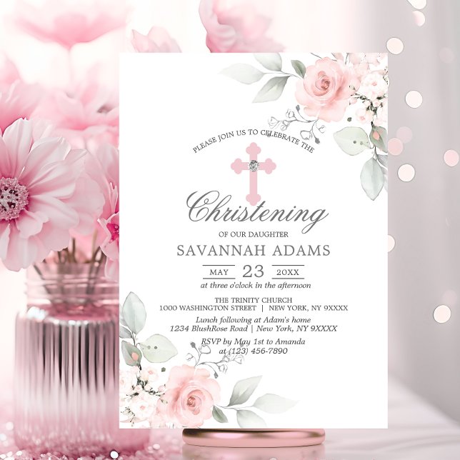 Christening Watercolor Rosa ros Girl Kor Inbjudningar (Christening Watercolor Pink Rose Girl Cross Invitation)