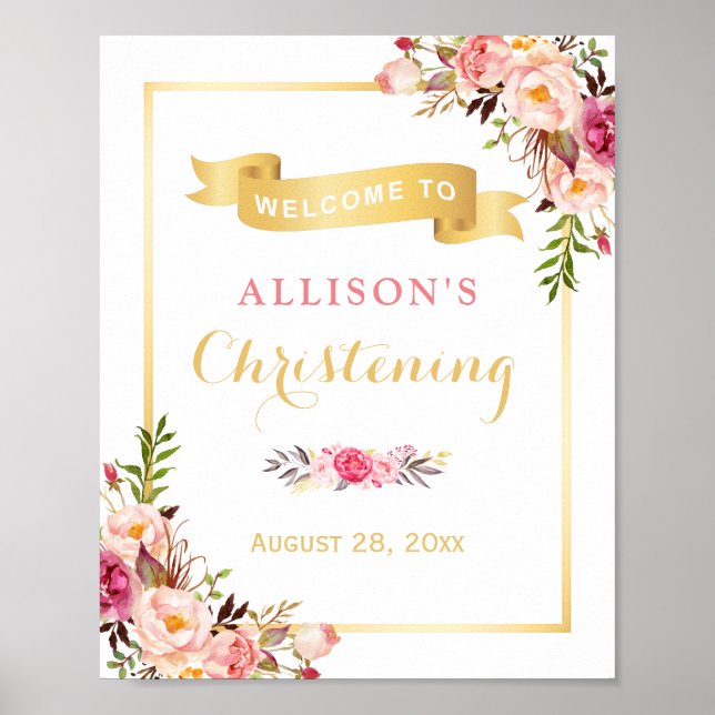 Christening Welcome Sign Elegant Chic Blommigt Gul Poster (Framsidan)