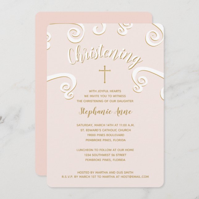 ChristeningScrolls i Rosa och Guld Inbjudningar (Fram/baksida)