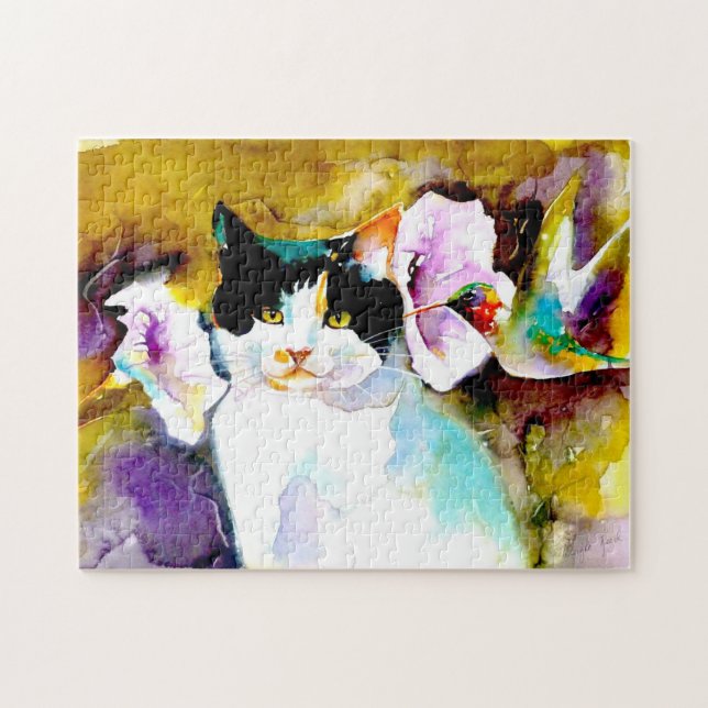 "Christeve katten med det Hummingbird" trycket Pussel (Horisontell)