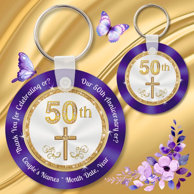 Christian, 50:e bröllopsdagen för favoritidéer, nyckelring (50th Wedding Anniversary Favor Ideas. 50th wedding anniversary favors for guests. Golden anniversary)