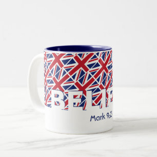 Christian BELIEVE Mark 9:23 UNION JACK Anpassnings Två-Tonad Mugg